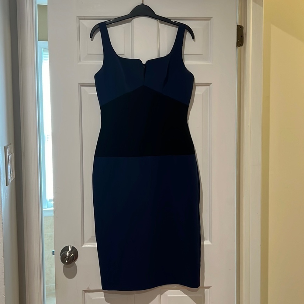 Black Halo Cobalt Blue and Black Color Block Dress with Mesh Insert